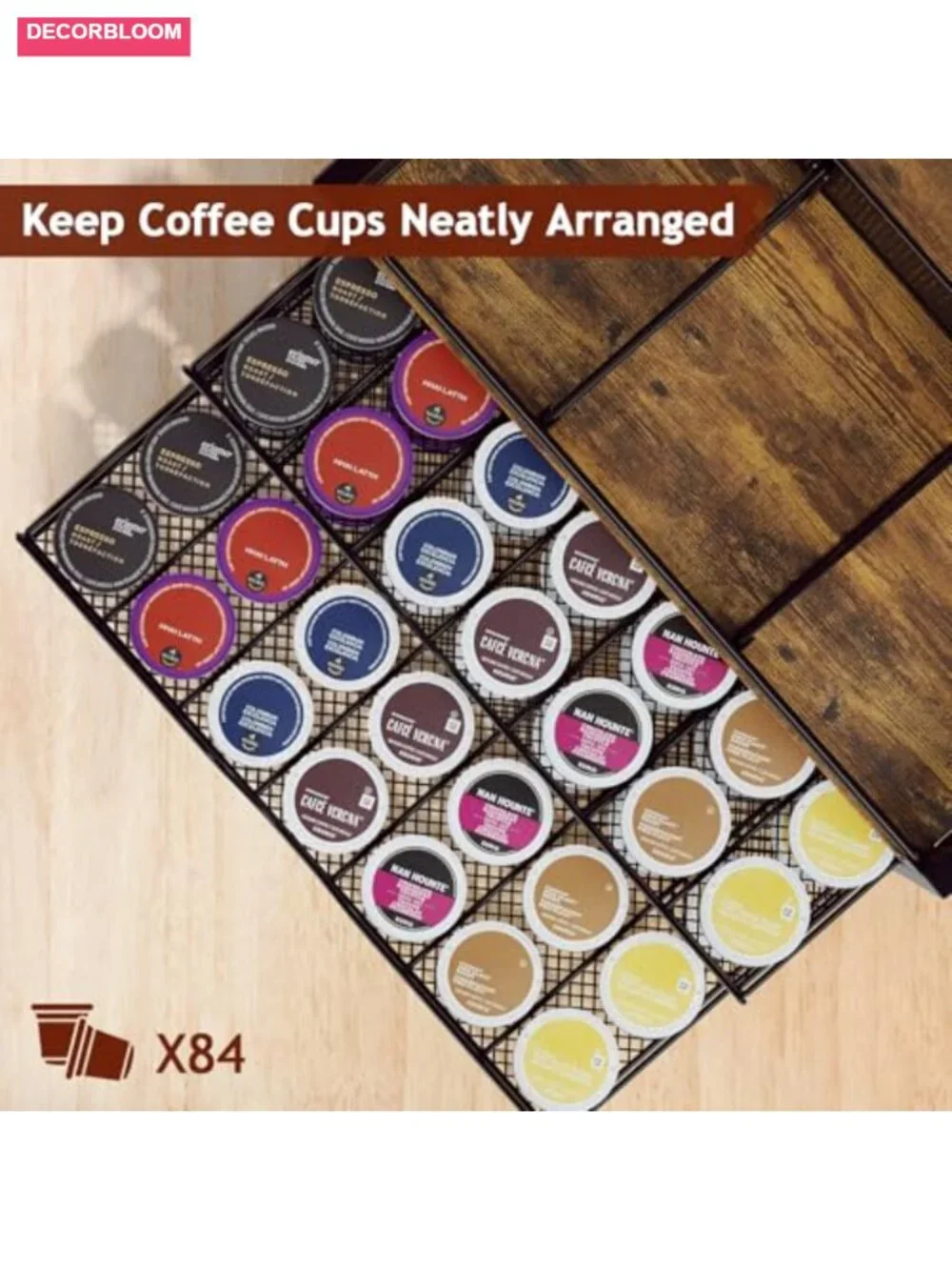 Wood and Metal Coffee Pod Holder Storage Basket Organizer Countertop